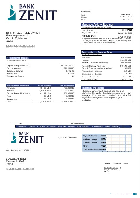 Download Russia Zenit bank mortgage statement in Word and PDF formats Photoshop template